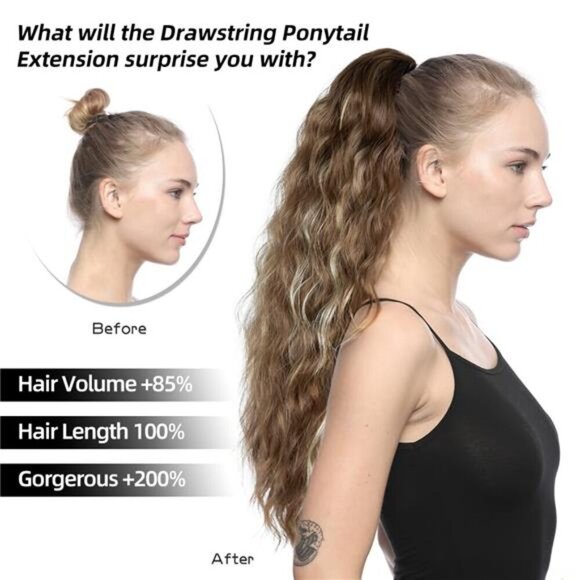 26 inch Black Ponytail Extension, Drawstring Ponytail for Women, Long Wavy Pony - Picture 6 of 7